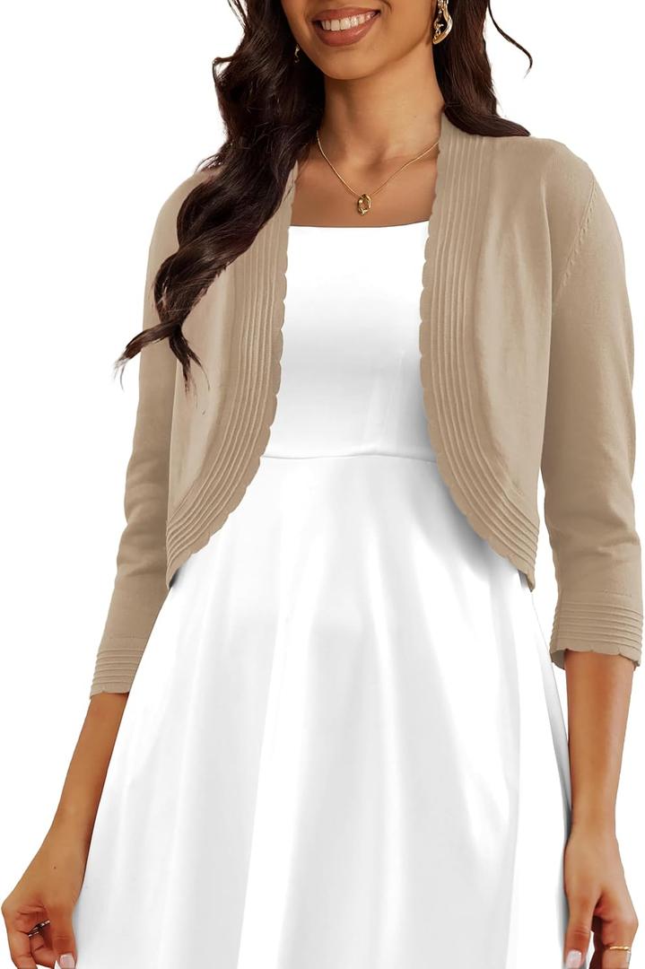 CPOKRTWSO Women's 3/4 Sleeve Cropped Cardigan Sweaters Open Front Bolero Shrugs for Women S-XL (Beige, S)