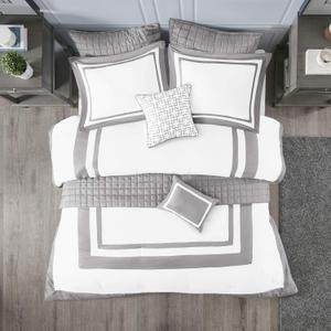 Madison Park Heritage Comforter Quilt Combo Set - Modern Luxury Design, All Season Down Alternative Bedding, Matching Shams, Decorative Pillows, King/Cal King(104"x92"), Color Block Grey 8 Piece (Heritage Color Block Grey)