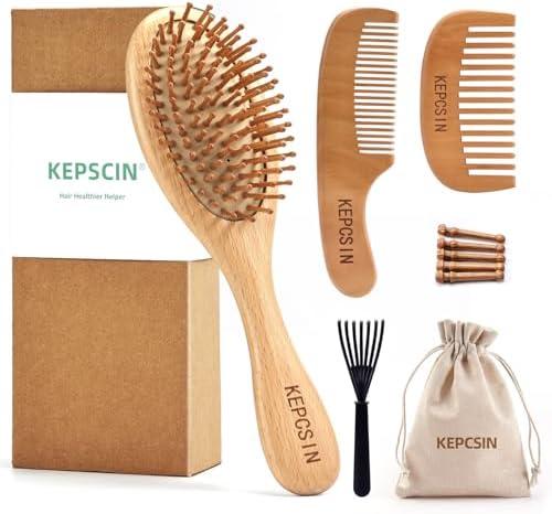 KEPCSIN 3PCS Solid Wooden Hair Brush and Small Wood Comb, Detangling Brush with Natural Bristles, Portable Scalp Massage Kit for All Hair Types, Wood Haircare Gift for Women/Men