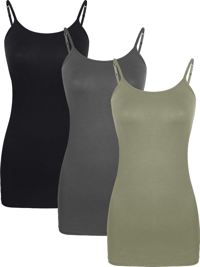 WILLBOND 3 Pieces Women Basic Long Tanks Adjustable Spaghetti Strap Camisole Top (XX-Large, Black, Dark Grey and Green)