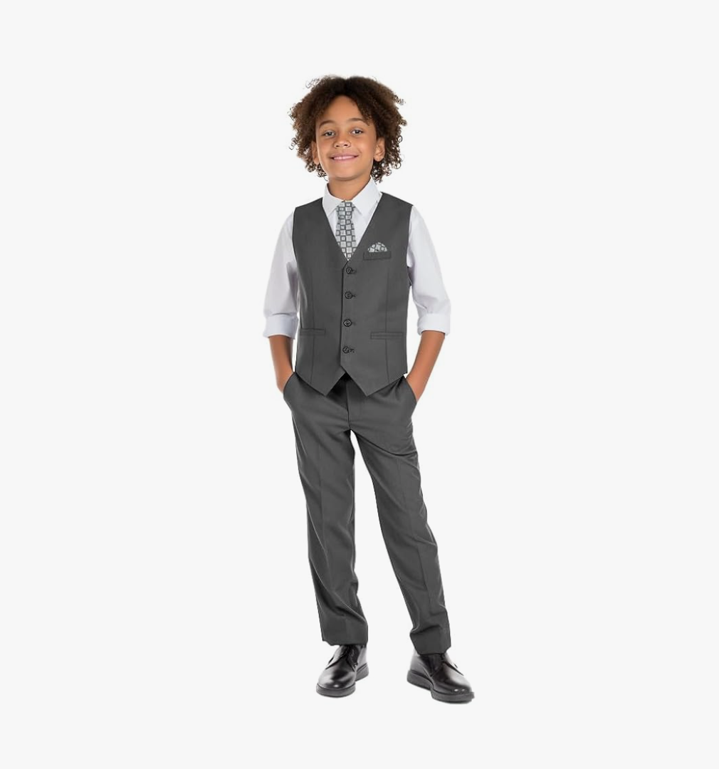Boys' 6-Piece Formal Slim Fit Suit Set, Vest, Pants, Dress Shirt, Tie, Pocket Square, and Bow Tie Size 12