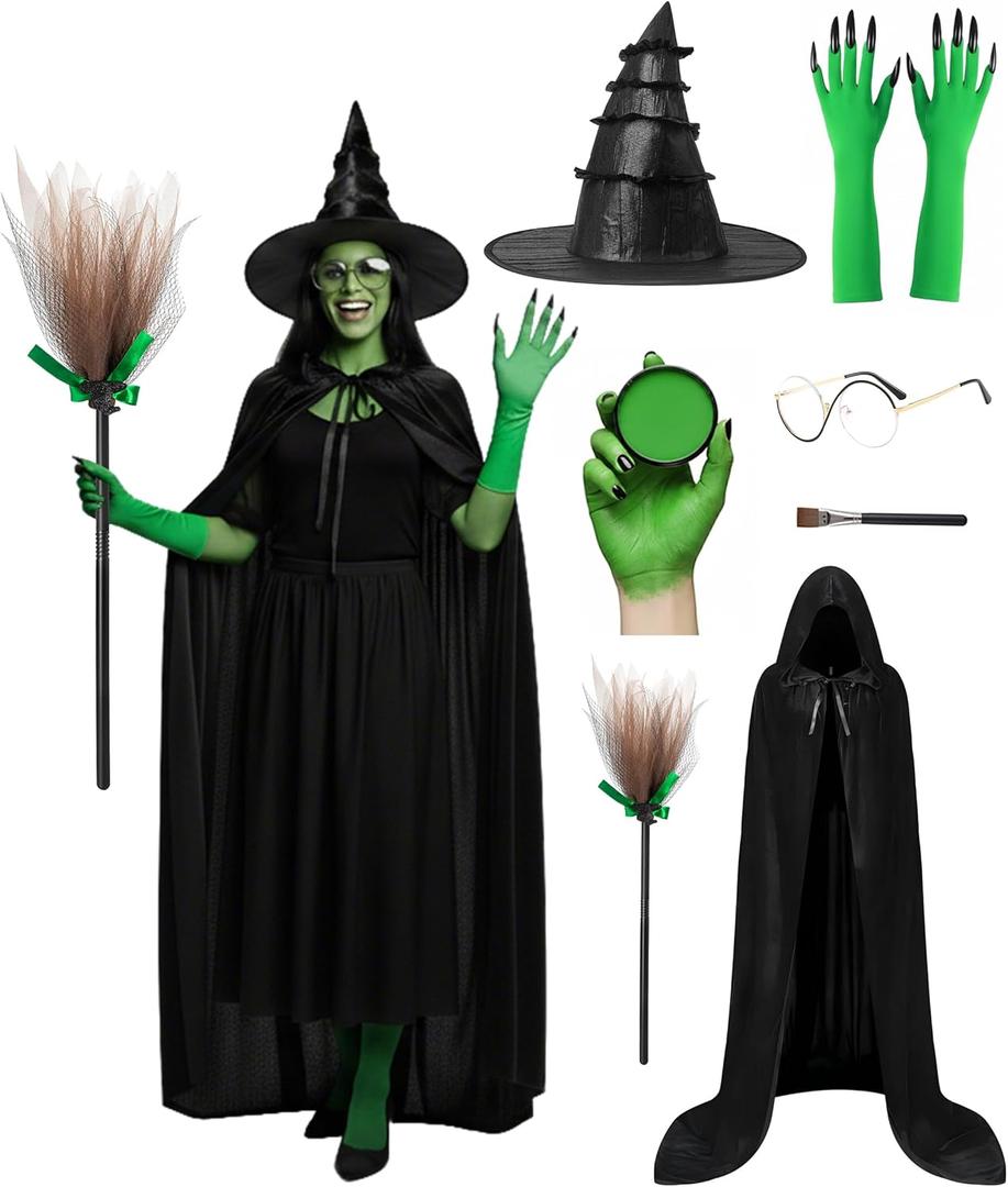 Witch Costume Women, 7Pcs Witch Hat, Hooded Cape, Green Color Decorative Face Body Kit, Long Gloves with Nails, Glasses and Broom, Halloween Cosplay Outfits Accessories Set for Adult