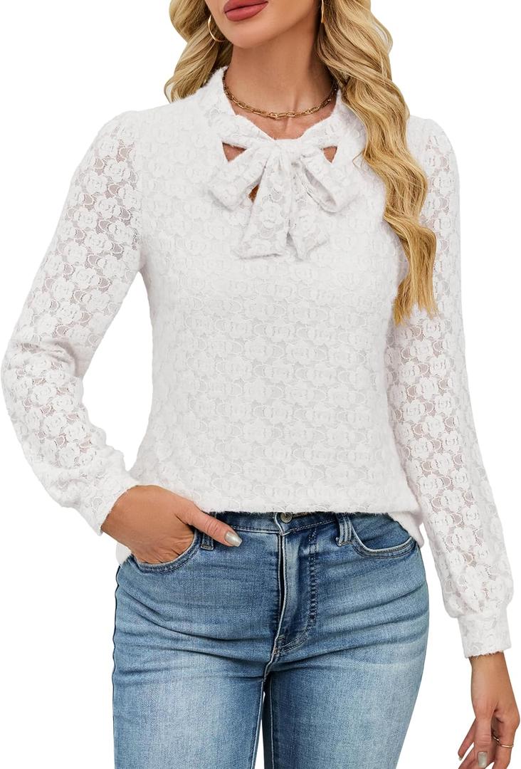 Blooming Jelly Womens Lace Long Sleeve Tops Tie Front Lined Dressy Blouse Fall Fashion Trendy Elegant Business Casual Outfit (Yellow, L)