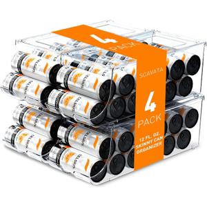 SCAVATA 4 Pack Skinny Can Organizer for Refrigerator, Stackable Tall Skinny Soda Pop Can Holder Dispenser with Lid for Fridge Pantry Rack Freezer, Clear Plastic Storage Bins-Holds 12 Slim Cans Each