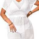 Aqua Eve Plus Size Swimsuit Cover Up for Women-Crochet Beach Dress V Neck Tie Waist Bathing Suit Cover Up (White)
