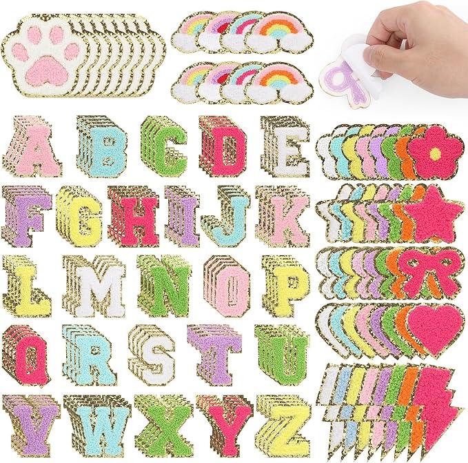 122PCS Chenille Iron on Letter Patches and Flower Iron on Patches - 52PCS Letter Patches and 70PCS Butterfly Bee Floral Embroidered Patches for Trucker Hats, Jeans, Backpacks