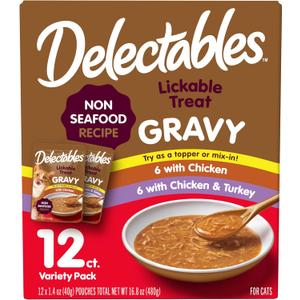 Delectables Lickable Treat Gravy Wet Cat Treat Variety Pack, Food Topper, Hydrating, Grain-Free, No Fillers, By-Products, Added Preservatives, 1.4oz Pouch, 12ct (EXP 12/24/27)