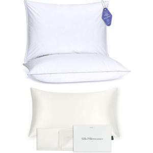 FluffCo 2-Pack King Size Down Alternative Pillows + 100% Pure Mulberry Silk Pillowcase Bundle: Luxury Hotel-Style Comfort, Breathable & Hypoallergenic, Machine Washable, 22 Momme Silk