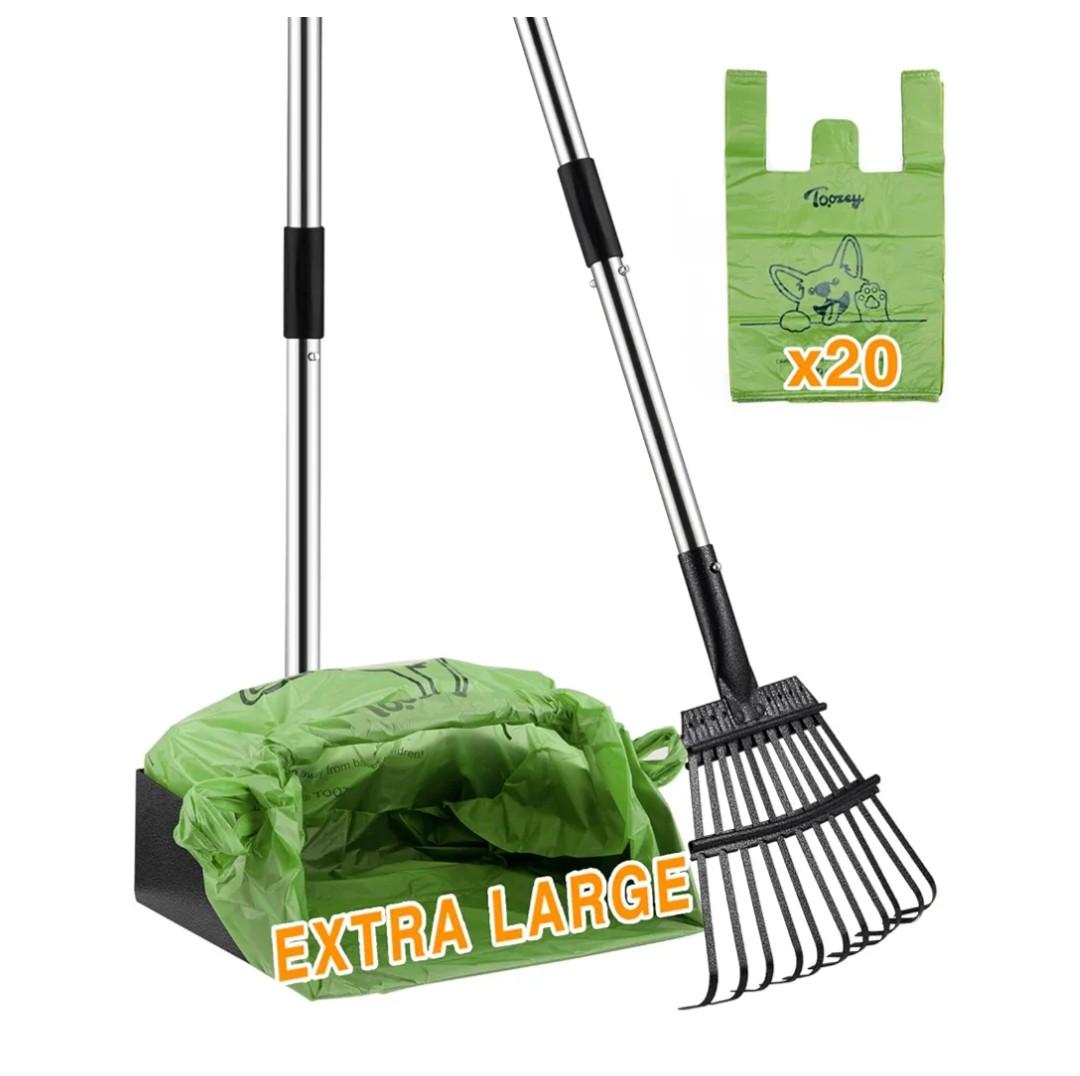 Toozey Unbreakable Dog Pooper Scooper with Extra Large Stainless Metal Poop Tray & 43.31" Long Handle Rake Scoop, Easy Waste Cleanup for Large, Medium, Small Dogs with 20 Bags