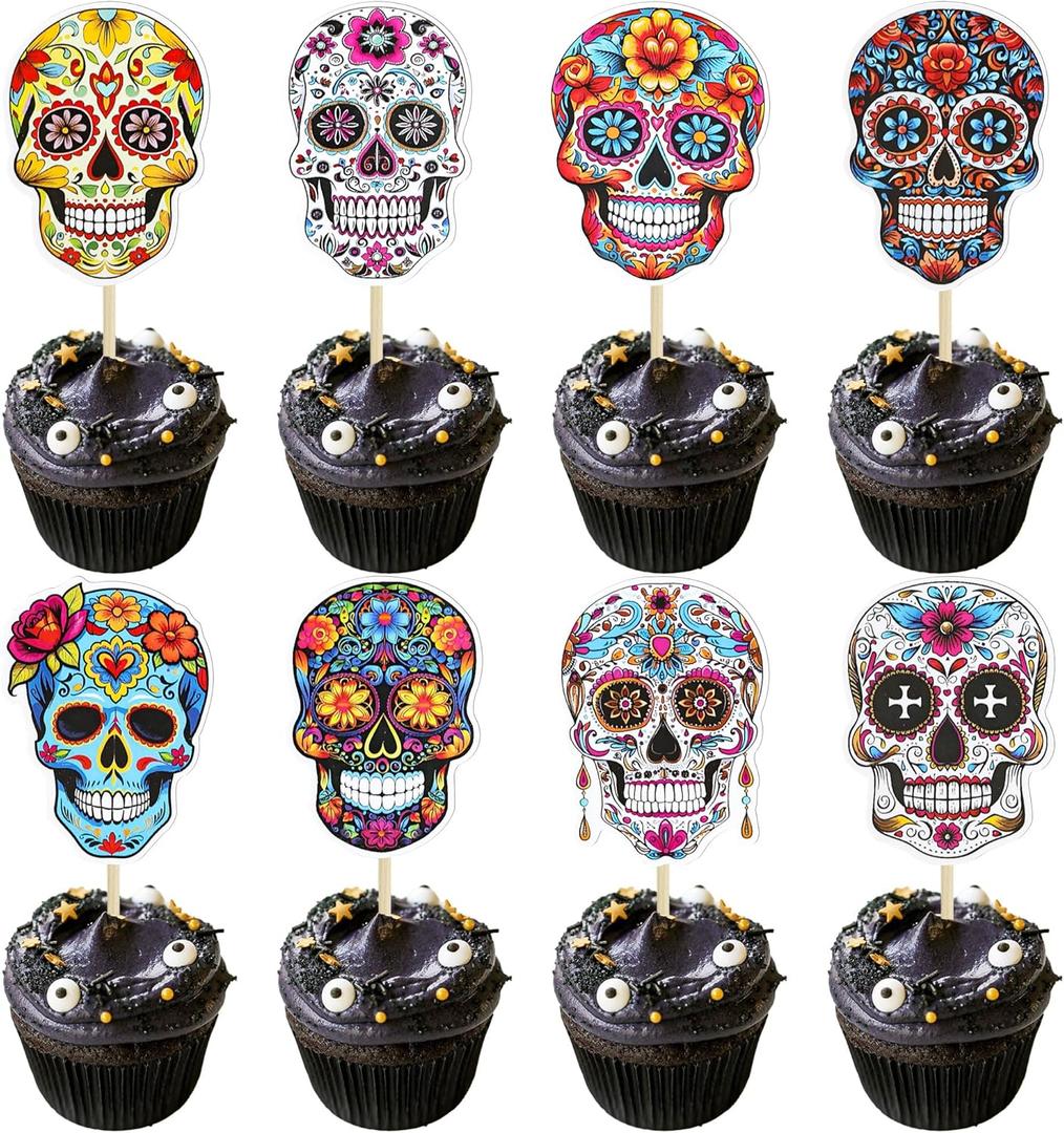 Ephlyn 32Pcs Halloween Skull Cupcake Toppers DIY Skull Cake Picks Halloween Horror Skull Cupcake Picks for Halloween Theme Baby Shower Party Cake Supplies Decoration