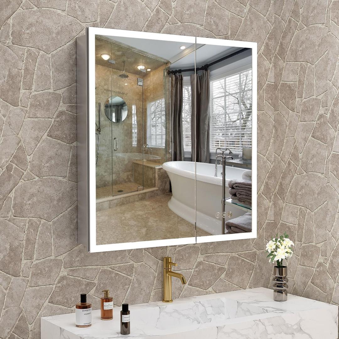 30" x 32" Bathroom LED Medicine Cabinet, Lighted Mirror with 3-Color Lights, Defogger, Stepless Dimming, Large Storage, Double Door