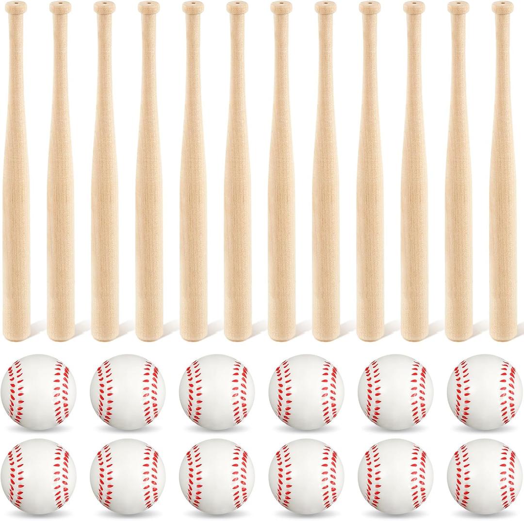 Libima 24 Pcs Mini Baseball Bats Mini Foam Sports Balls 8" Unfinished Wood Ball Bats 2" Foam Baseballs Small Party Favors for Sports DIY Craft (Wood Color,White)