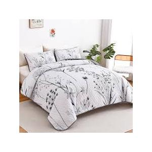 Dobuyly Floral Quilt King Size Set, Grey and White Botanical Bedspread Coverlet Set 3 Pieces, Soft Lightweight Microfiber King Size Quilts for Bed All Season, 110"x90"