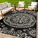 Capslpad 5x8 Outdoor Rug Waterproof Camel Boho Floral Patio Carpet Portable Plastic Straw Rug Foldable Outside Carpet with Carry Bag for RV Backyard Balcony Bench Picnic Porch (Black&brown)