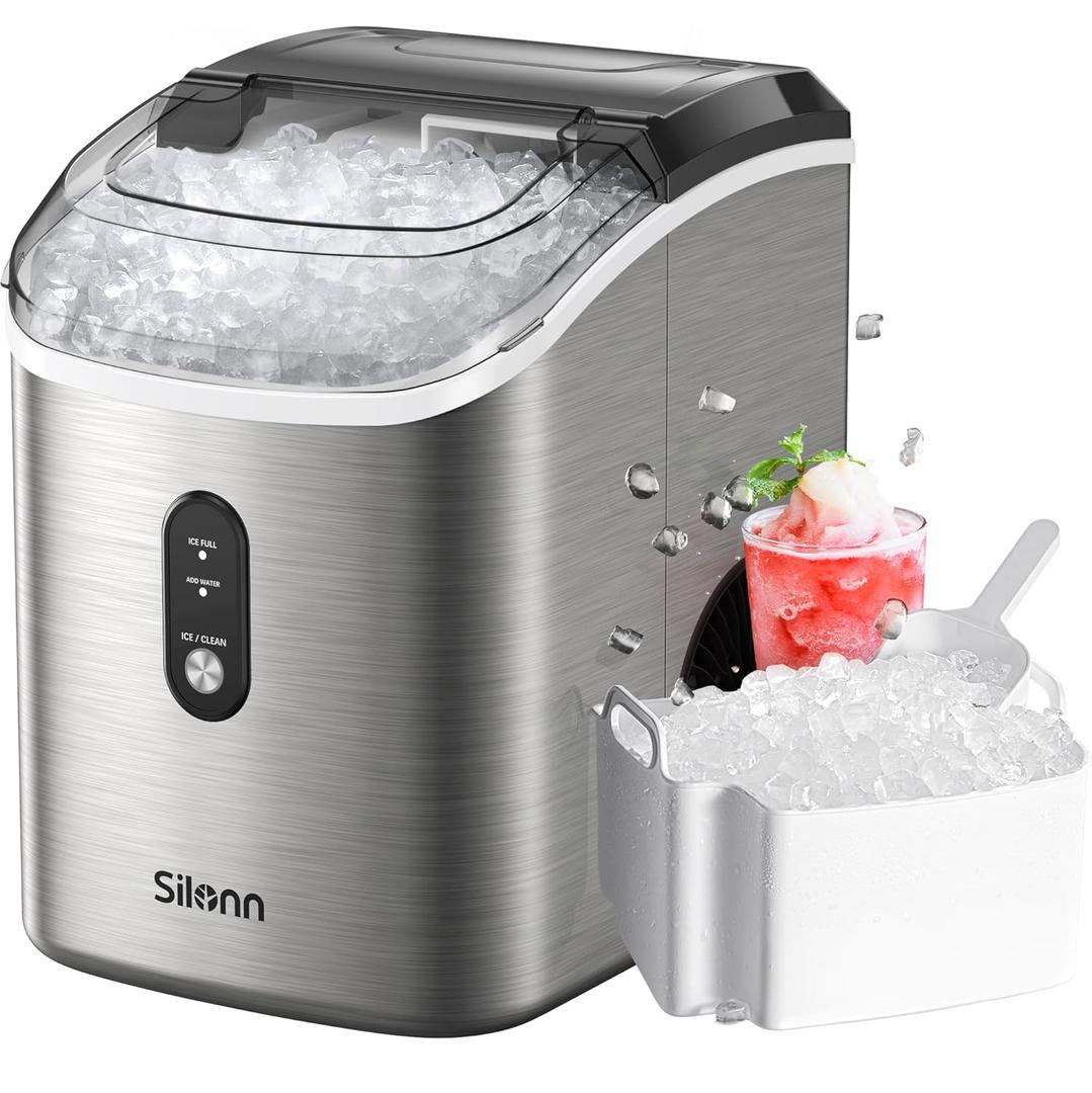 Nugget Ice Maker Countertop, Silonn Chewable Pellet Ice Machine with Self Cleaning Function, Pebble Portable Ice Maker with Ice Scoop for Home Kitchen Office, Stainless Steel