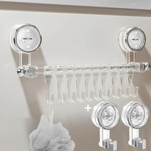 Suction Cup Towel Bar, Adhesive with 2 Hooks for Shower Wall, 11.8 Inches Suction Cup Towel Holder, Removable Shower, ABS Bathroom Towel Holder, Towel Bar with Hooks for Bathroom and Kitchen (Grey)