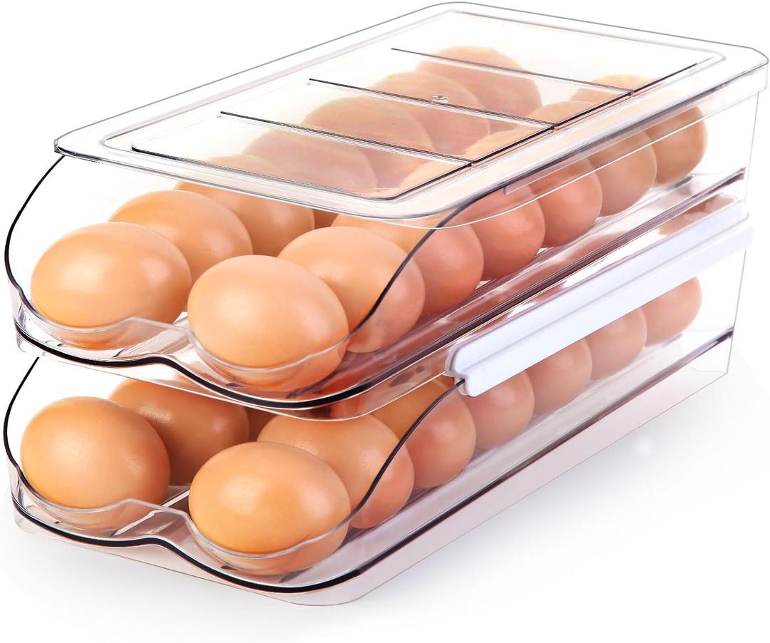 RoskDeewat Egg Holder for Fridge, Automatic Rolling Egg Container for Refrigerator, Stackable Fridge Organizers and Storage with Lid, Clear Plastic Egg Dispenser & Tray (2 Tier)