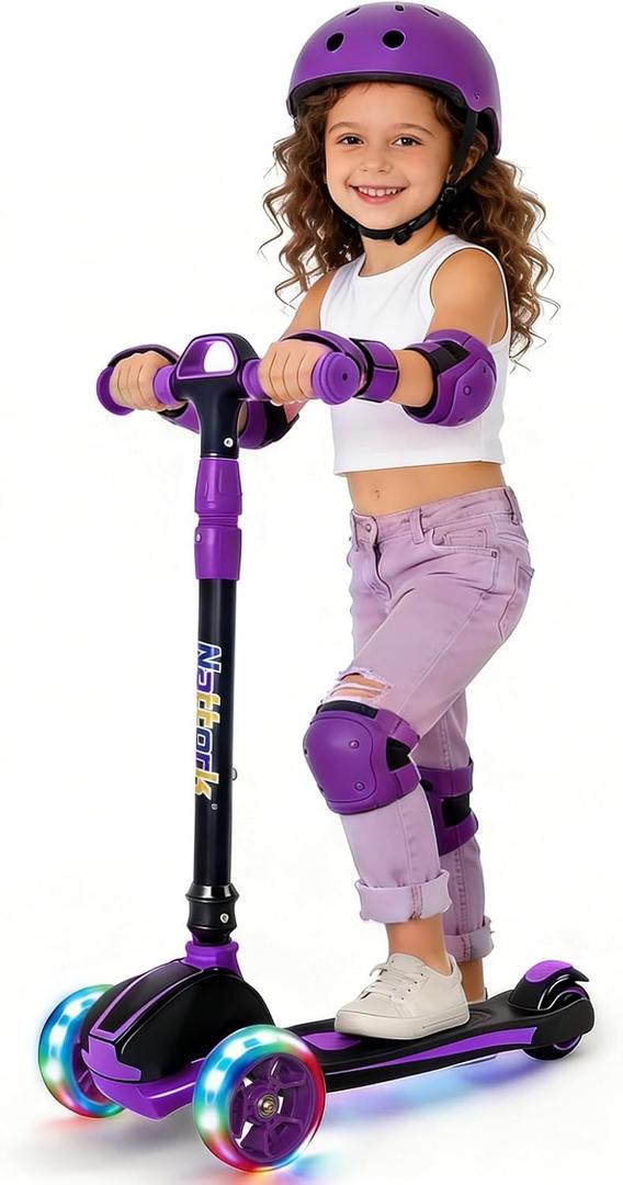 Nattork Kids Scooter for Age 3-8, Toddler Scooter with 4 Adjustable Height for Boys & Girls, Light Up 3-Wheels Foldable Kick Scooter, Lean to Steer, 120LB Weight Capacity