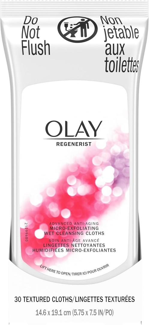 Olay Makeup Remover Wipes, Regenerist Micro-Exfoliating Wet Cleansing Cloths, Facial Cleanser for Women - Exfoliates, Refreshes, Smooths Texture, Travel Approved, 30 ct - 3 Pack