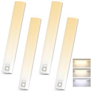 10inch Under Cabinet Lighting, 136 LED 3 Color Rechargeable Motion Sensor Light Indoor, 6 Levels Dimmable Magnetic Closet Lights, Wireless Under Counter Lights for Kitchen, Stairs, Bedroom, 4-Pack
