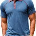Lexiart Men's Casual Polo Shirt Short Sleeve Raglan Classic Button Golf Collared Tops Contrast Color (Blue, M)