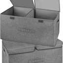 1 Pack Large Storage Boxes with Lids and Handles, Collapsible Linen Storage Bins Organizer Containers Baskets Cube with Removable Divider for Home Bedroom Closet Office (Grey, Large)