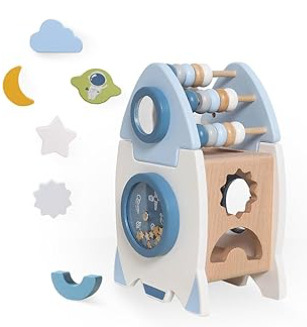 Wooden Shape Sorter Toys with Stacking,Bead Maze,Magic Mirror, Space Scene Wheel,5 in 1 Rocket Shape Sorting Cube Toys for Toddlers Montessori Activities,Sensory Toy1 2 3 4 5 Year Old Boys Girls Gift 