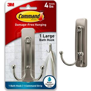 Command Large Double Bathroom Wall Hook, Damage-Free Hanging with Adhesive Strip, Great for Hanging Bath Towels, 1 Satin Nickel Wall Hook and 1 Water-Resistant Strip, Holds up to 4 lb