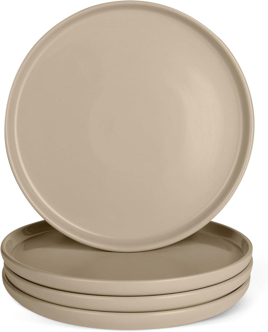 Amazon Basics Glazed Stoneware Dinner Plates, Ceramic 4-Piece Set, Microwave and Dishwasher-Safe, 10.5 in., Linen Gray