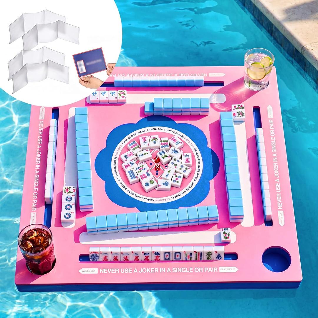 Floating Mahjong Table for Pool, Floating Mahjong Mat with 4 Mahjong Card Protector Cover for Mahjong Poker Cards Dominoes Scrabble, Floating Board Pool Game Tray for Hot Tub Lake Beach Summer Party