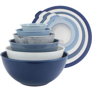 COOK WITH COLOR Mixing Bowls with TPR Lids - 12 Piece Plastic Nesting Bowls Set includes 6 Prep Bowls and 6 Lids, Microwave Safe Mixing Bowl Set (Blue and White)