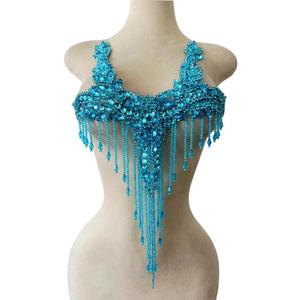 Pure Handmade Rhinestones Beads Patches Trim Bodice Applique Sewing Fringe Tassel Chain for DIY Clothing Wedding Decoration 15X19.6inches (Sky Blue)