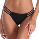 RELLECIGA Women's Triple Strappy Thong Bikini Bottoms (Black), Small