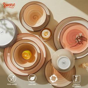 Sweese Plates and Bowls Sets, 11 Piece Dinnerware Set Porcelain Round Dinner Set for 6, Scratch Resistant Dishes Set, Dishwasher and Oven Microwave Safe Handpainted Swirl Dishware Sets, Neutral