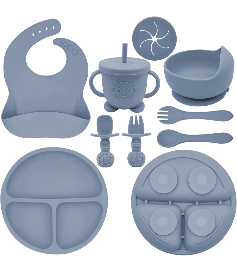 Silicone Baby Feeding Set | Baby Led Weaning Supplies Includes Suction Bowls and Divided Plates, Adjustable Bib, Baby Utensils Spoons and Forks,Cup | Baby Feeding Essentials (Blue Gray)