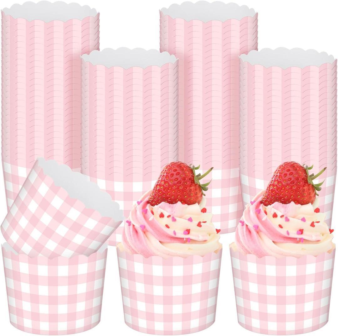Vesici 150 Pcs Pink Gingham Party Supplies 5 oz Ice Cream Cups Scalloped Gingham Cupcake Cups Paper Cupcake Wrappers Muffin Cases for Birthday Wedding Bridal Shower Tea Party Supplies