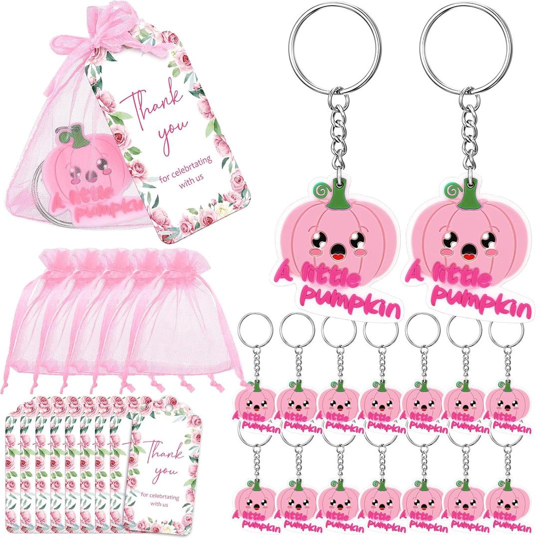 Inbagi 60 Set Thanksgiving Little Pumpkin Baby Shower Party Favors Include Cute Pumpkin Key Chain Thank You Kraft Tags Pink Organza Bags for Thanksgiving Day Fall Autumn Baby Shower Supplies