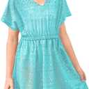 BesserBay Summer Swim Cover Up Crochet V Neck Short Sleeve Beach Swimwear Kids Hollow Out Swimsuit Blue Size 9-10 Years