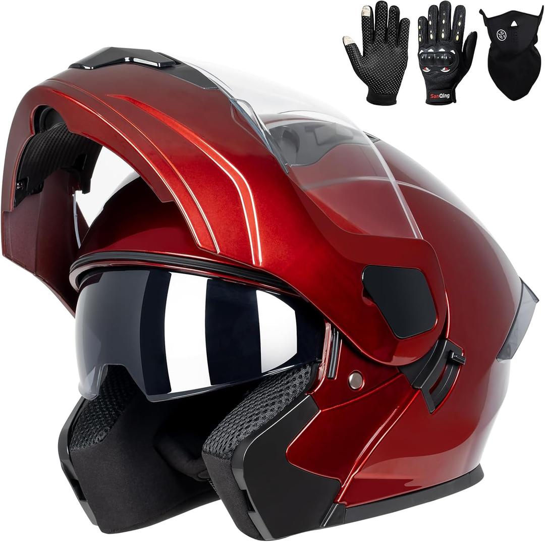 Adult Modular Motorcycle Helmets, DOT Approved Flip up Dual Visor Full Face Helmet for Men Women Moto ATV UTV Snowmobile ADV Four Wheeler Street Bike with Gloves & Mask, Medium (Red, M)