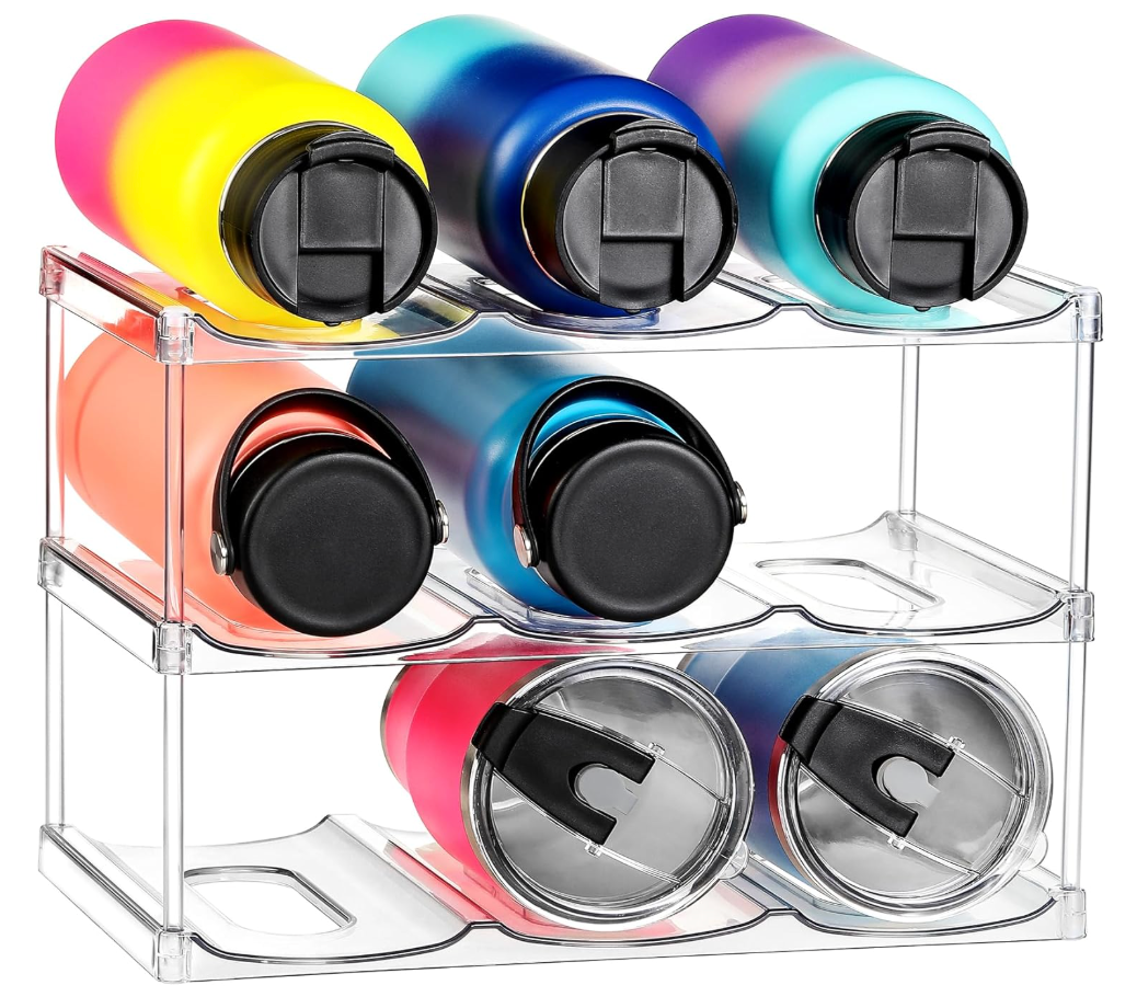 LARGER Compartment - Stackable Water Bottle Organizer Holder - for Stanley & Others' Large Tumbler - Clear Wine Rack, Cup Bottle Holder for Cabinet Home Countertop Fridge Pantry Shelf, 3 Tier Hold 9