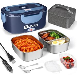 Electric Lunch Box for Adults - 80W Fast Heating, 12V/24V/110V, Dual Stainless Steel Containers, Portable for Car/Truck/Office/Outdoor (blue)