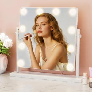 Hollywood Makeup Vanity Mirror with Lights - 10 LED Bulbs 15.7" Lighted Make Up Mirrors Adjustable Height, Touch Screen with 3-Color Lighting, Dimmable, 360 Rotation, for Dorm Desk Tabletop, Bedroom