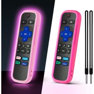 ONEBOM (2 Pack) Case for Roku Remote, Cover for Hisense/TCL Roku TV Steaming Stick/Express Universal Replacement Controller Silicone Sleeve Skin Glow in The Dark(Glow Pink+Rose Red)