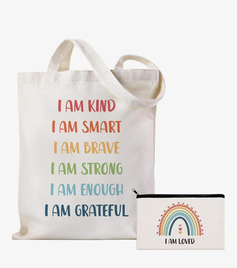 Positive Affirmations Gifts for Women Inspirational Canvas Tote Bag with Rainbow Makeup Bag I Am Kind I Am Smart Motivational Gifts for Women Teacher Nurse Coworker Birthday Back to School Supplies