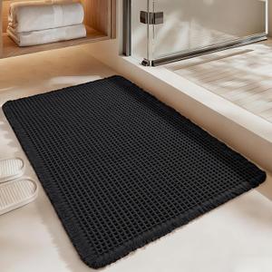 Luxury Waffle Bath Mat, Super Absorbent Non Slip Bathroom Rugs, Boho Ultra Soft Comfort Machine Washable Quick Dry Floor Mats with Tassels (Black, 20" x 30")
