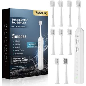 7MAGIC Sonic Electric Toothbrush for Adults and Kids - Up to 180 Days Runtime, 42000 VPM Powered Toothbrush, 5 Modes & 3 Intensities for Sensitive Teeth & Braces, Includes 8 Brush Heads, White