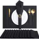 MOSAYT Plastic/Vinyl Placemats Set of 12 - Woven Heat Resistant Place Mats, Washable Outdoor Patio Table Mats for Kitchen/Dining/Party(12 x 18 inch, Black)