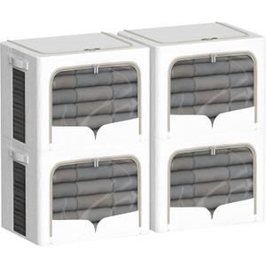 4 Pack Clothes Storage Bins with Metal Frame Clothing Storage Bins with Lid Linen Fabric Storage Box With Clear Window Zippers Durable Handles (Extra Large- 80L, Count, 4)