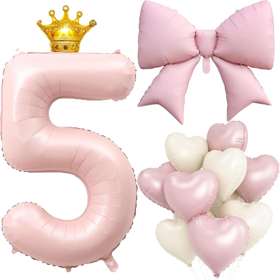 LilyZheng Pastel Pink Number 5 Foil Balloon Set, Baby Pink 5 Balloon & Bow, with Gold Crown, Pink & Cream Heart Balloons for Girls 5th Birthday, Baby Shower and Princess Party Decorations