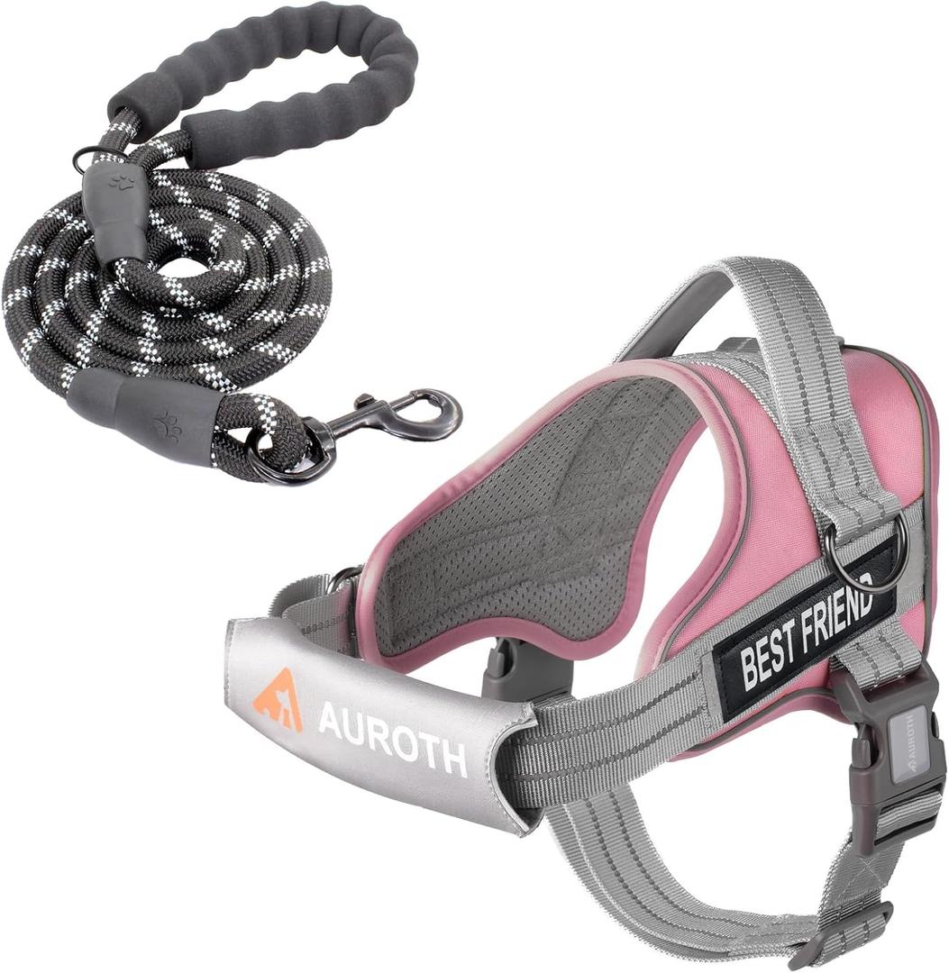 AUROTH Dog Harness and Leash Set, Soft Padded Service Dog Vest with 5.25FT Dog Leash, No Choke, Easy On Pet Vest, Adjustable Reflective No Pull Dog Harness for Large Dogs, Easy Walking and Training (Pink)